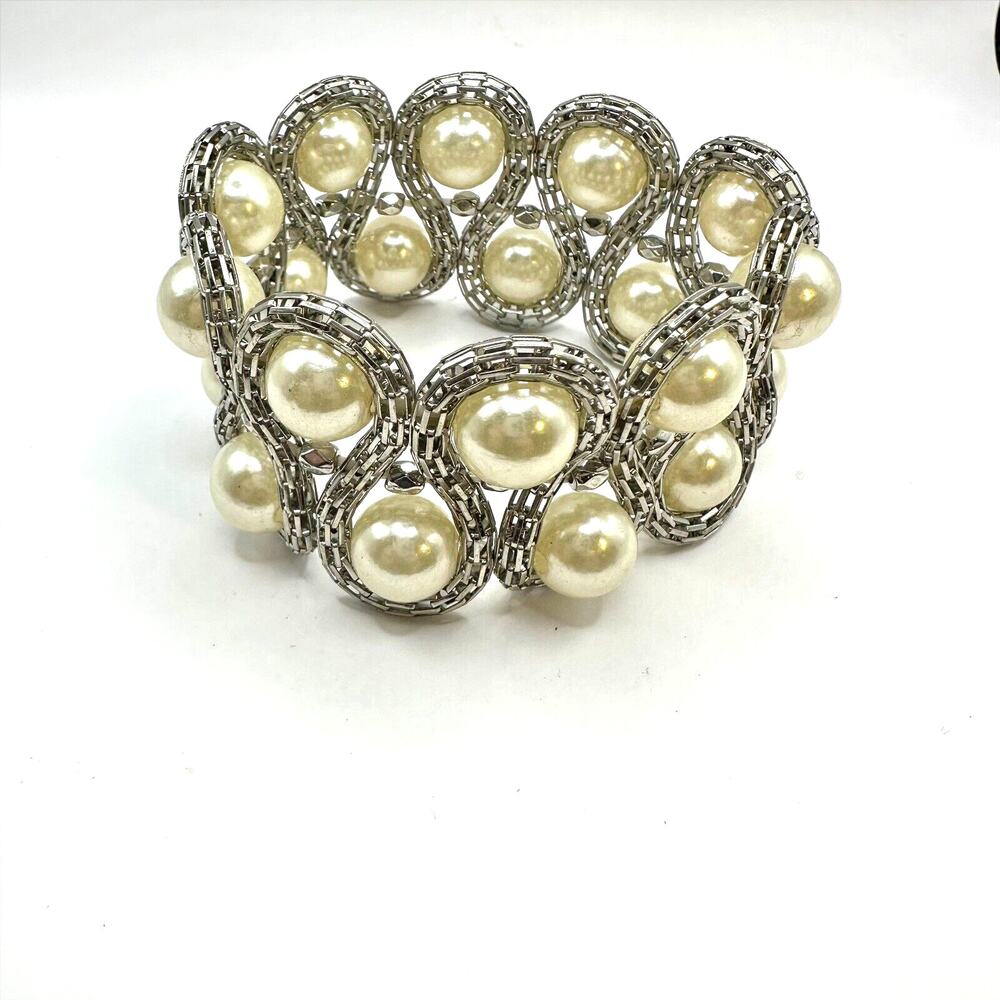 Faux Pearl Beaded Double Stretch Silver Tone Bracelet Unbranded Costume Jewelry